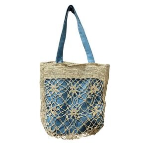 Newport News Crochet‎ Tote Bag Indigo Blue Lined Beach Bag Purse
